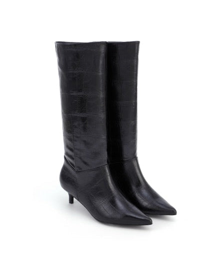 Bottes hautes à petit talon Noir Croco - Basile